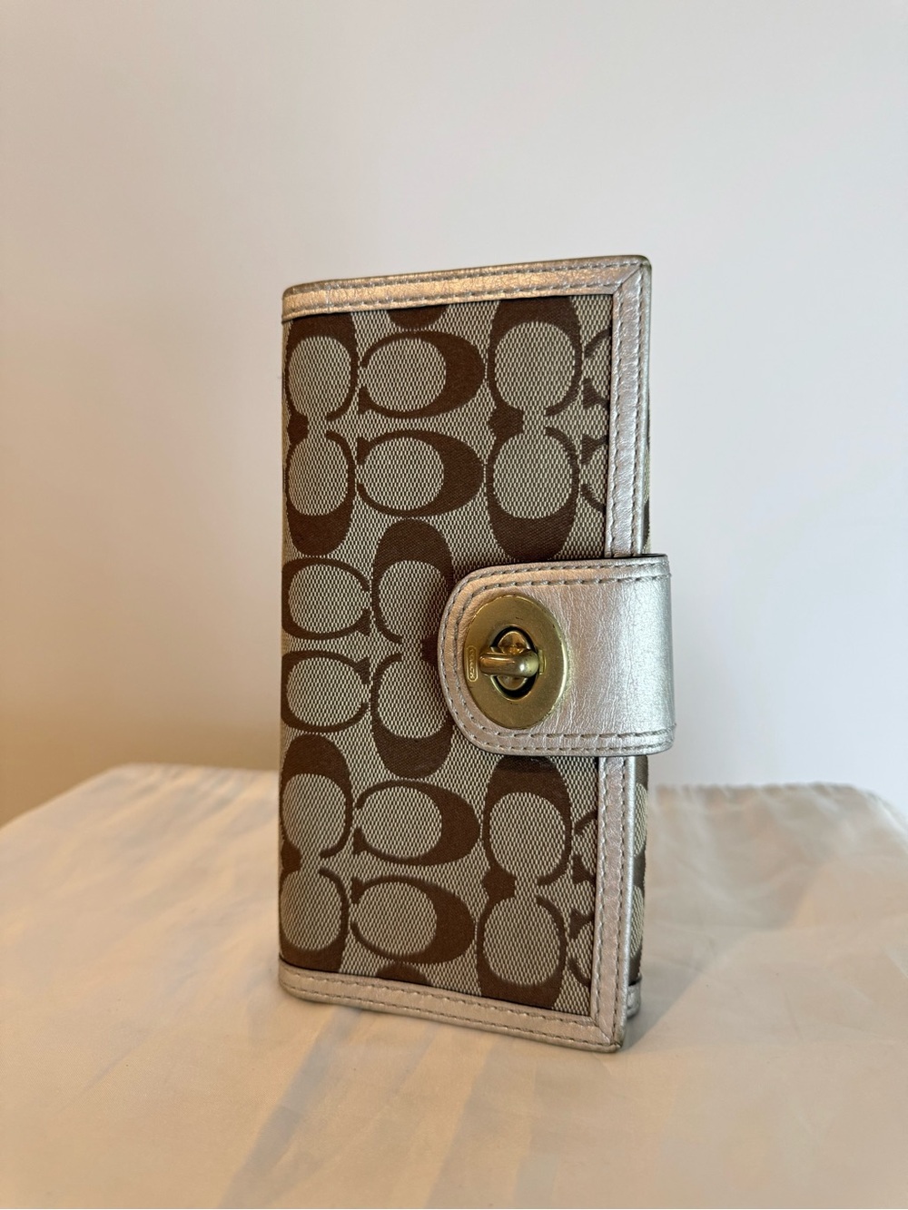 Coach Signature Jacquard Slim Turnlock Wallet- Silver